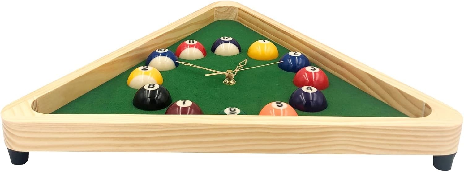 14” Pool Table Wall Clock in Solid Wood - Stylish Billiard Decorative Piece