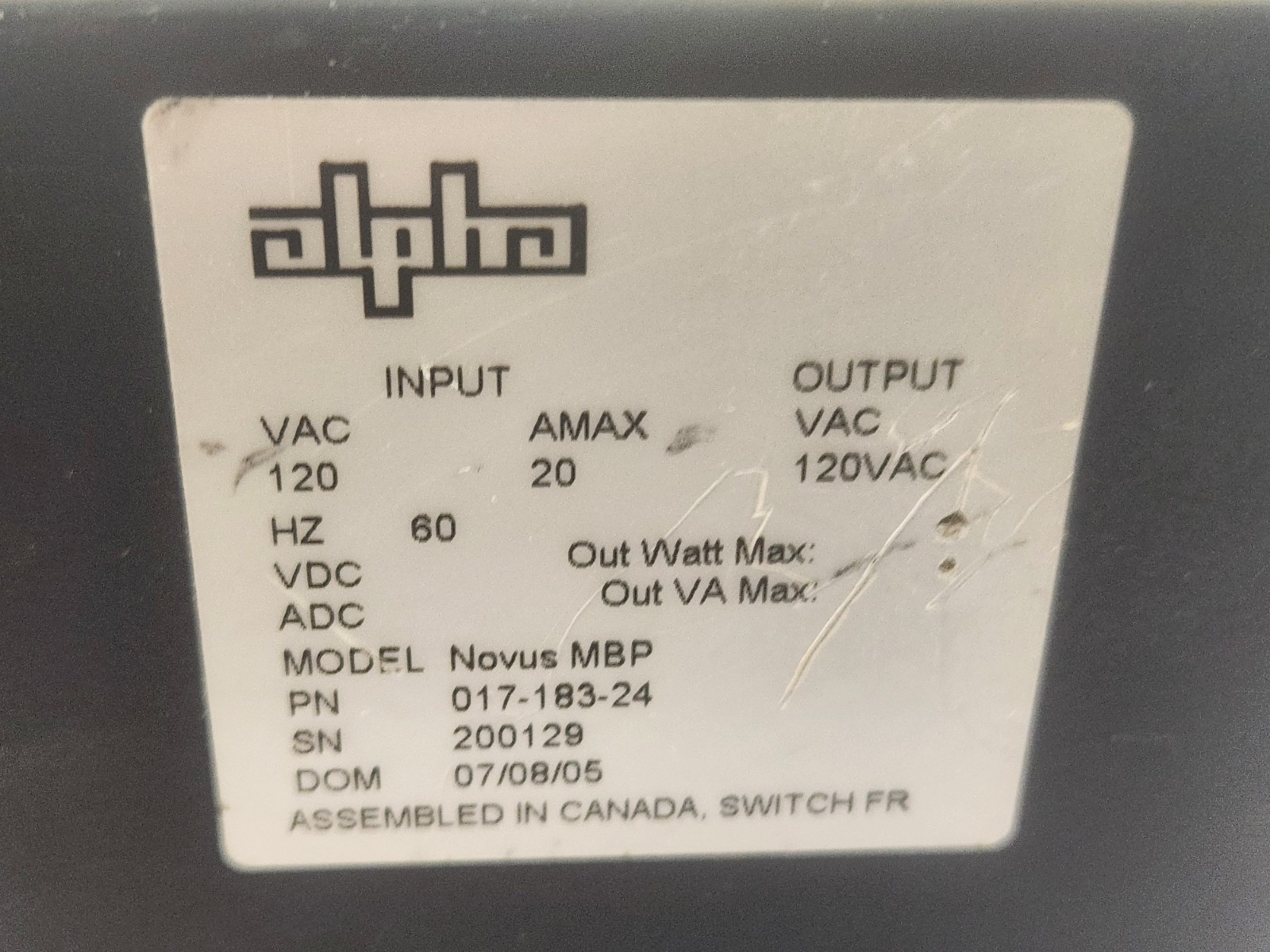 Alpha Novus MBP BYPASS SWITCH 017-183-24 untested