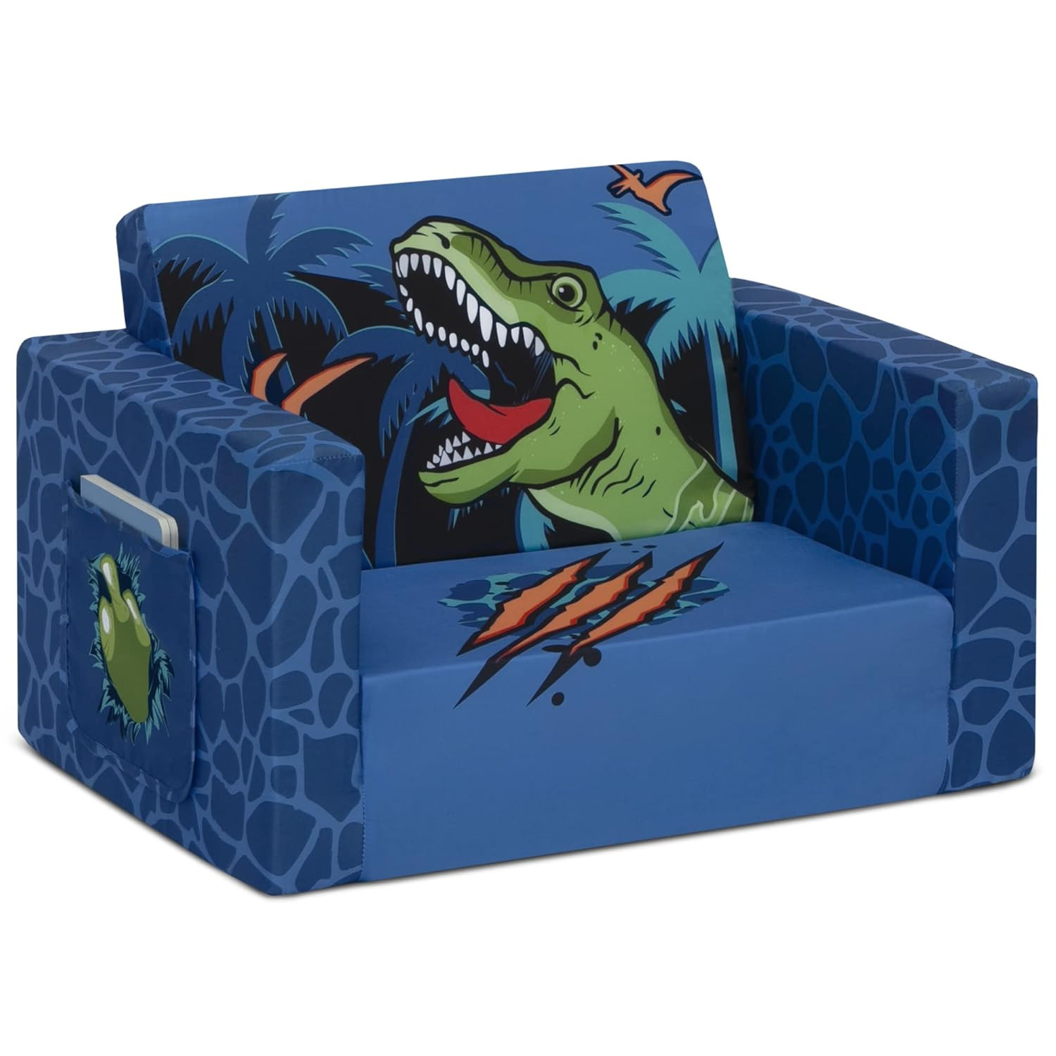 Dinosaur Blue Flip Out Chair To Lounger Couch Sofa For Kids Boys Toddlers 1-3