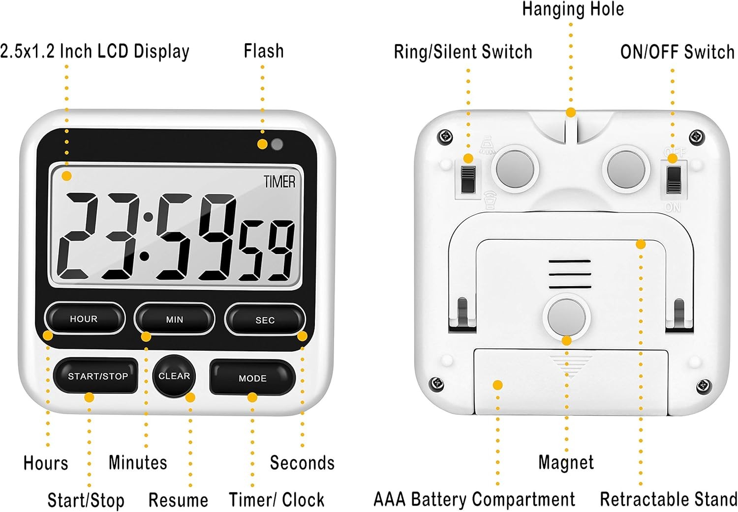 Digital Kitchen Timer 12-Hour Clock Count Up/Down Mute Alarm Large LCD Black