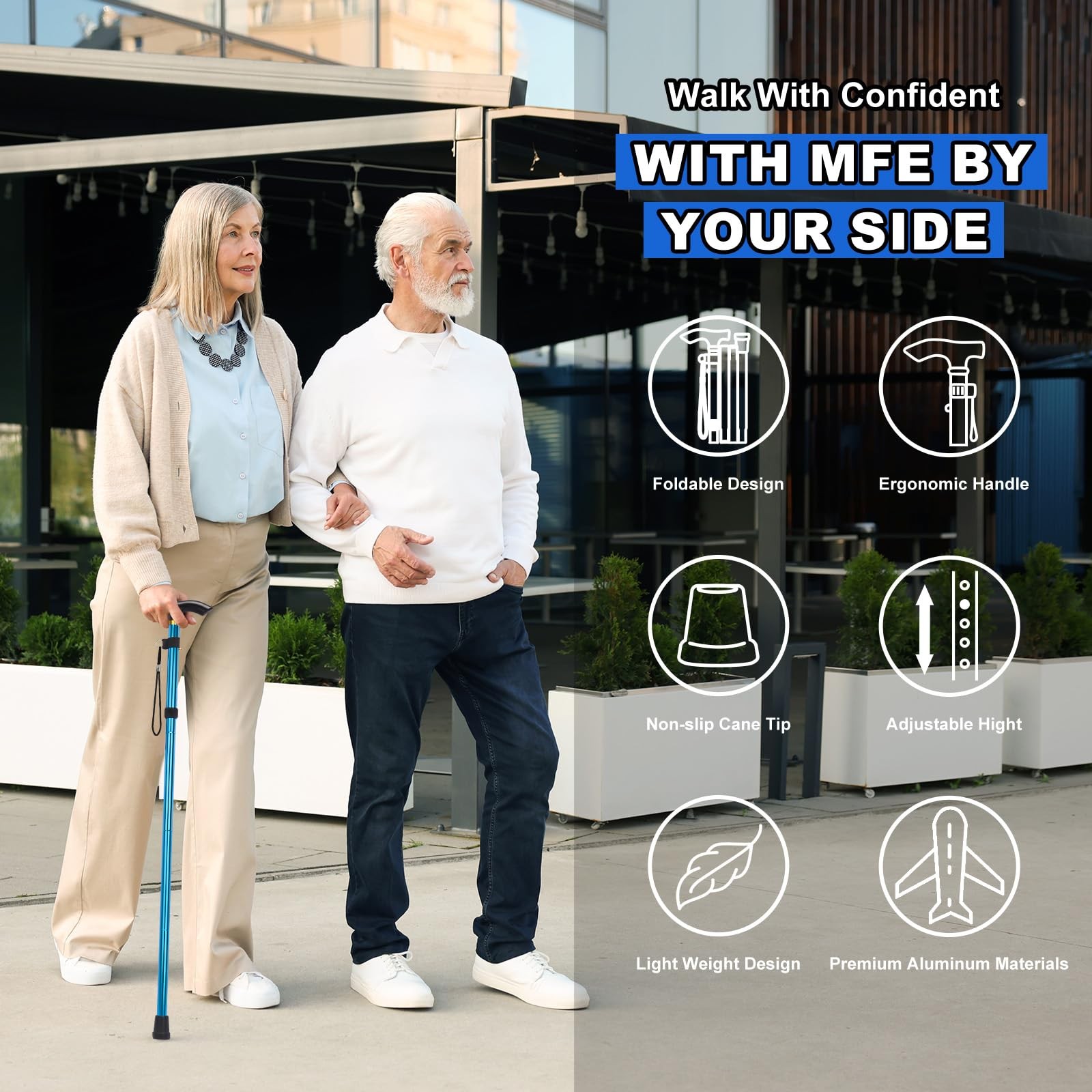 MFE Folding Cane, Portable 5-Level Adjustable Height Walking Stick with Blue