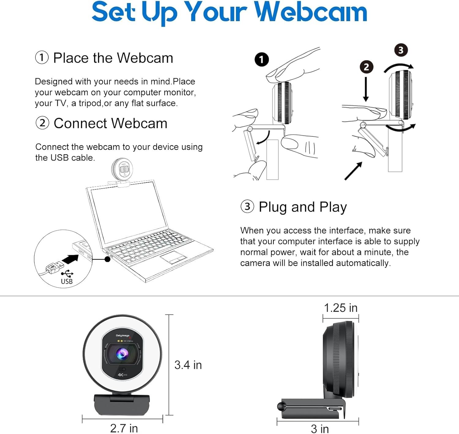 4K Webcam with Ring Light Web Cam 4K Autofocus with TOF Computer Camera 1080P