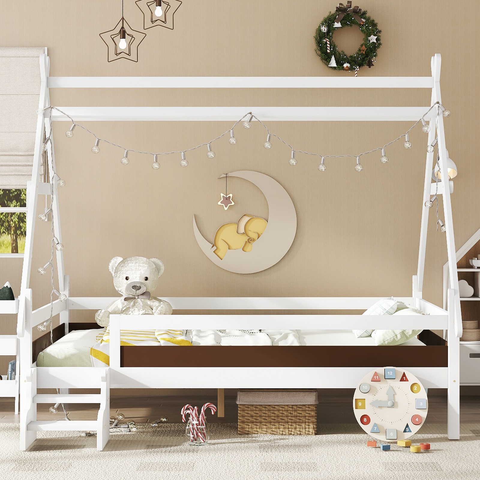 Full House Platform Bed with Stairs, Solid Wood Frame, White