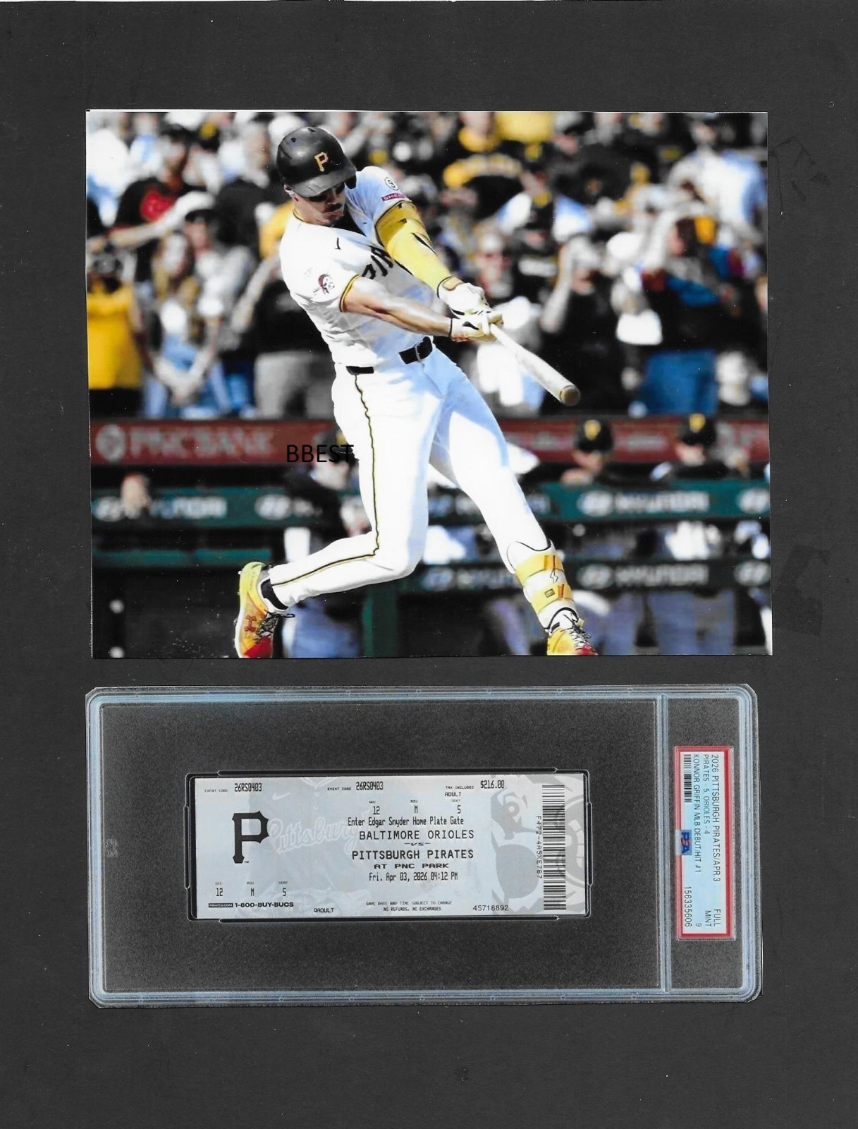 CONNER GRIFFIN PITTSBURGH PIRATES DEPUT PIC/TICKET 4/3/26 VS ORIOLES COLOR 8X10