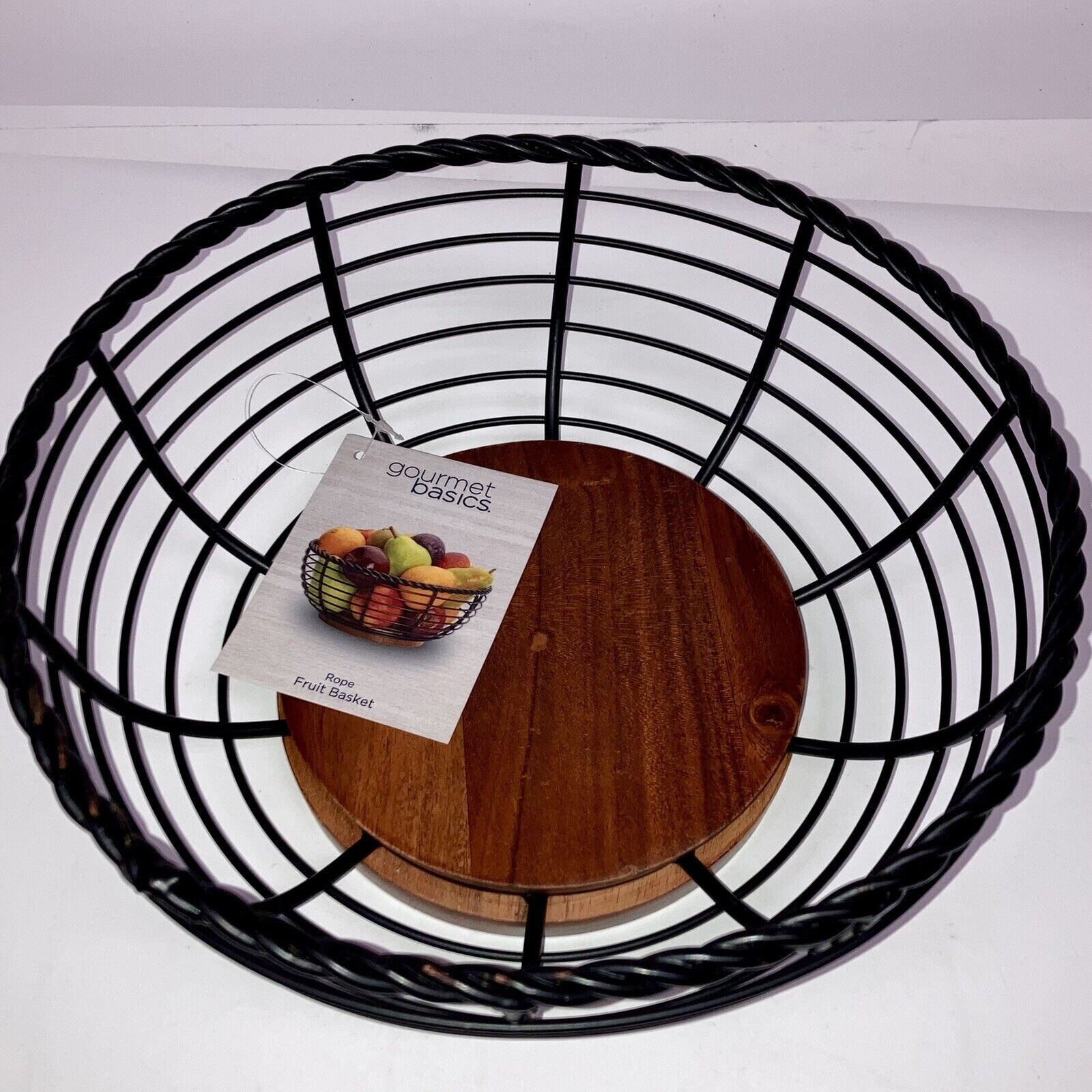 Mikasa Gourmet Basics Wrought Iron & Acacia Wood Rope Round Fruit Basket 5”x11”