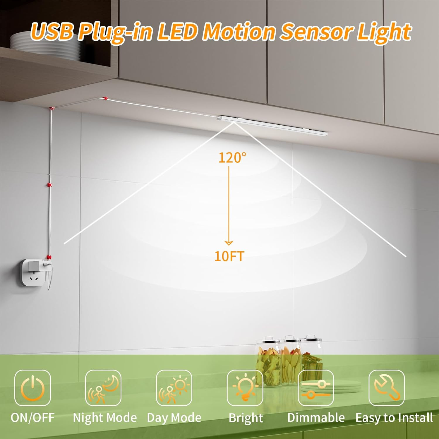14" Slim USB Plug-In LED Motion Sensor Light Indoor, Bright & Dimmable under Cab