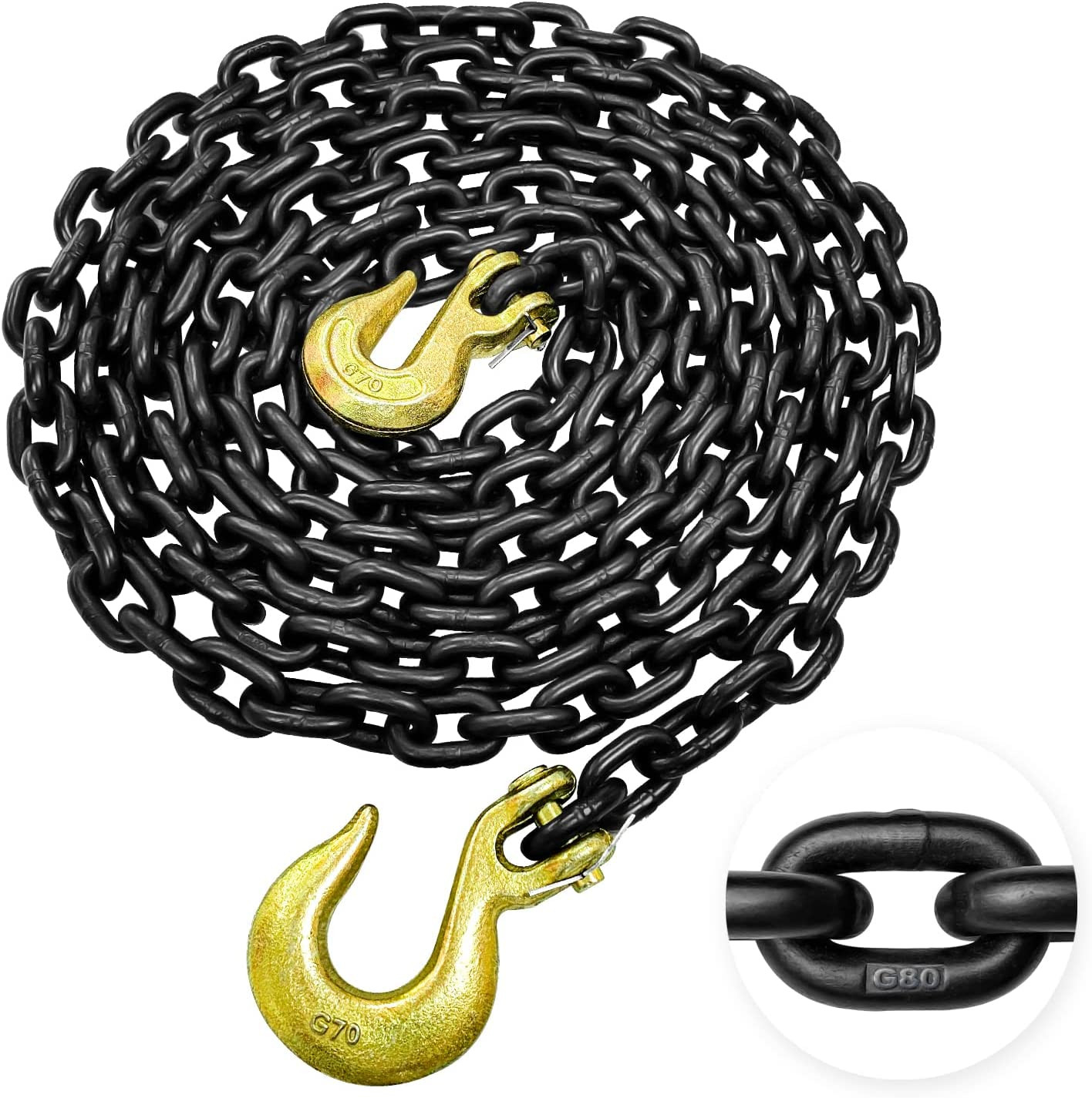 Grade 80 Log Chain 5/16in X 14ft with Grab Slip Hooks Trailer Safety 4900 Lbs