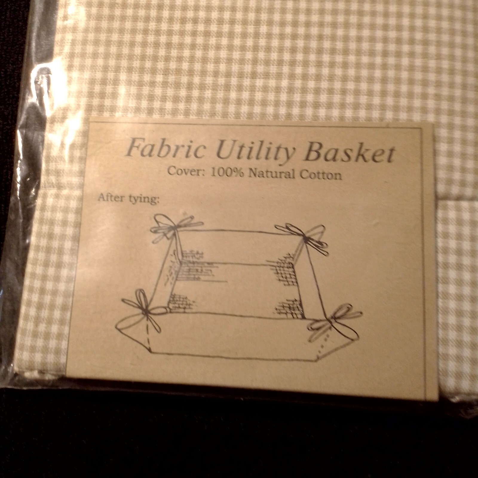 Brown Gingham Fabric Utility Basket 8in Square Lays Flat For Storage B3-2025