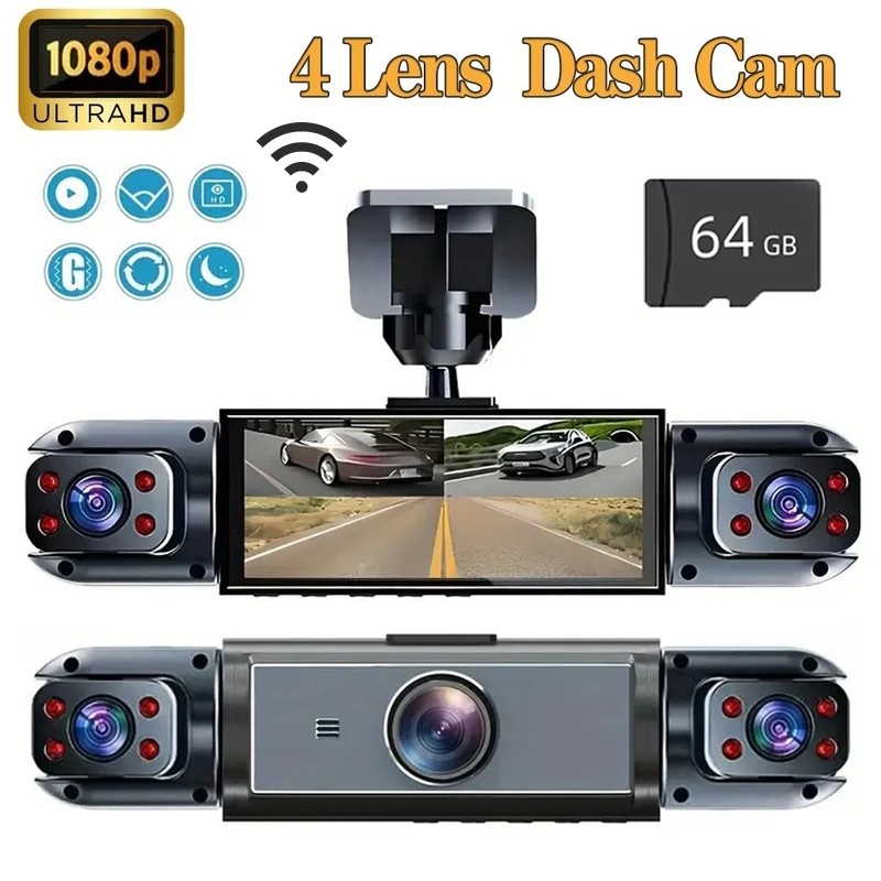 Dash Cam 4-Channel 360° Front Rear Inside DashCam 1080P Car Camera WIFI G-Sensor