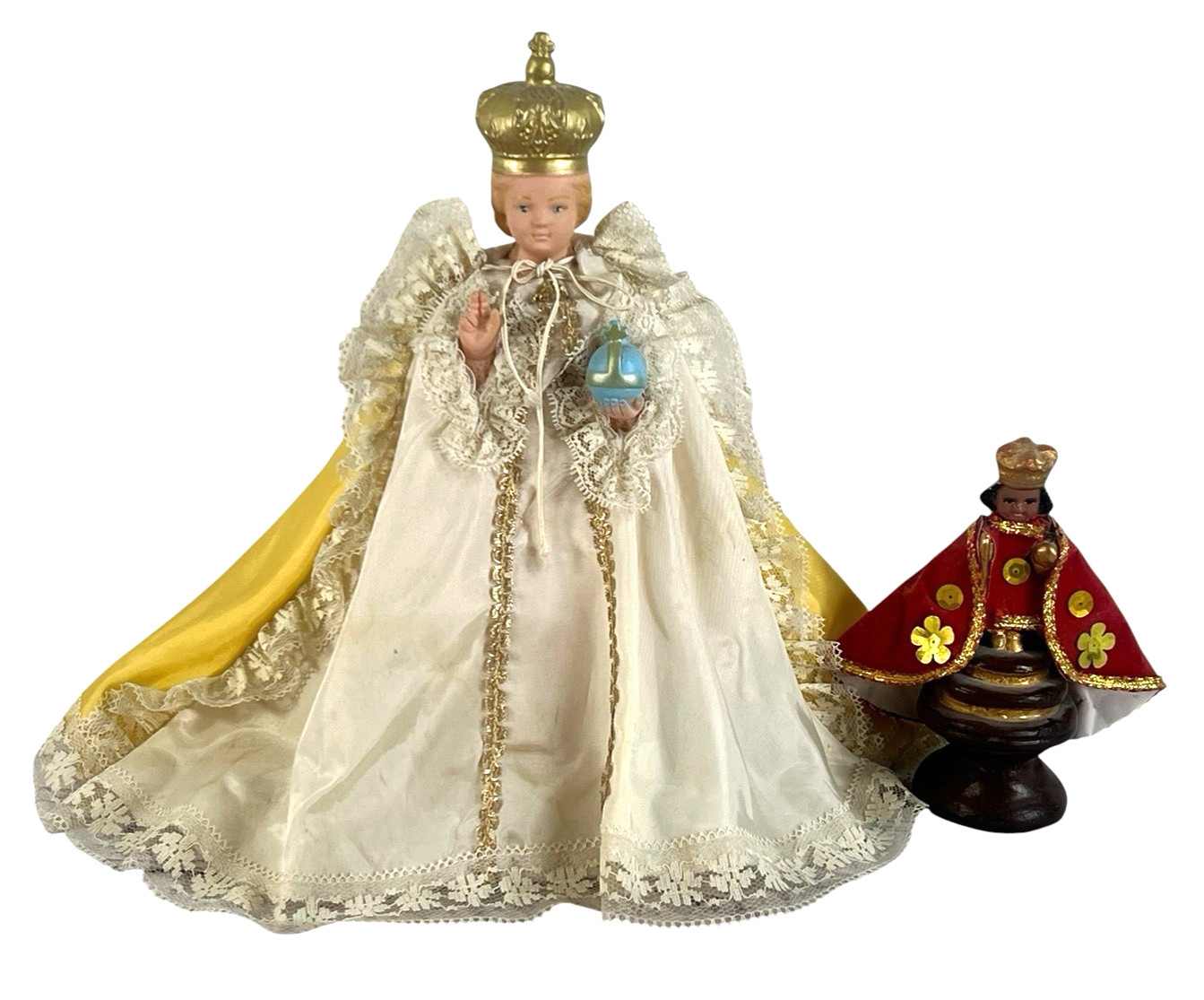 vtg lot of 2 INFANT OF PRAGUE Blow Mold Statue Portable Lamp/Light Gown/Cape 12”