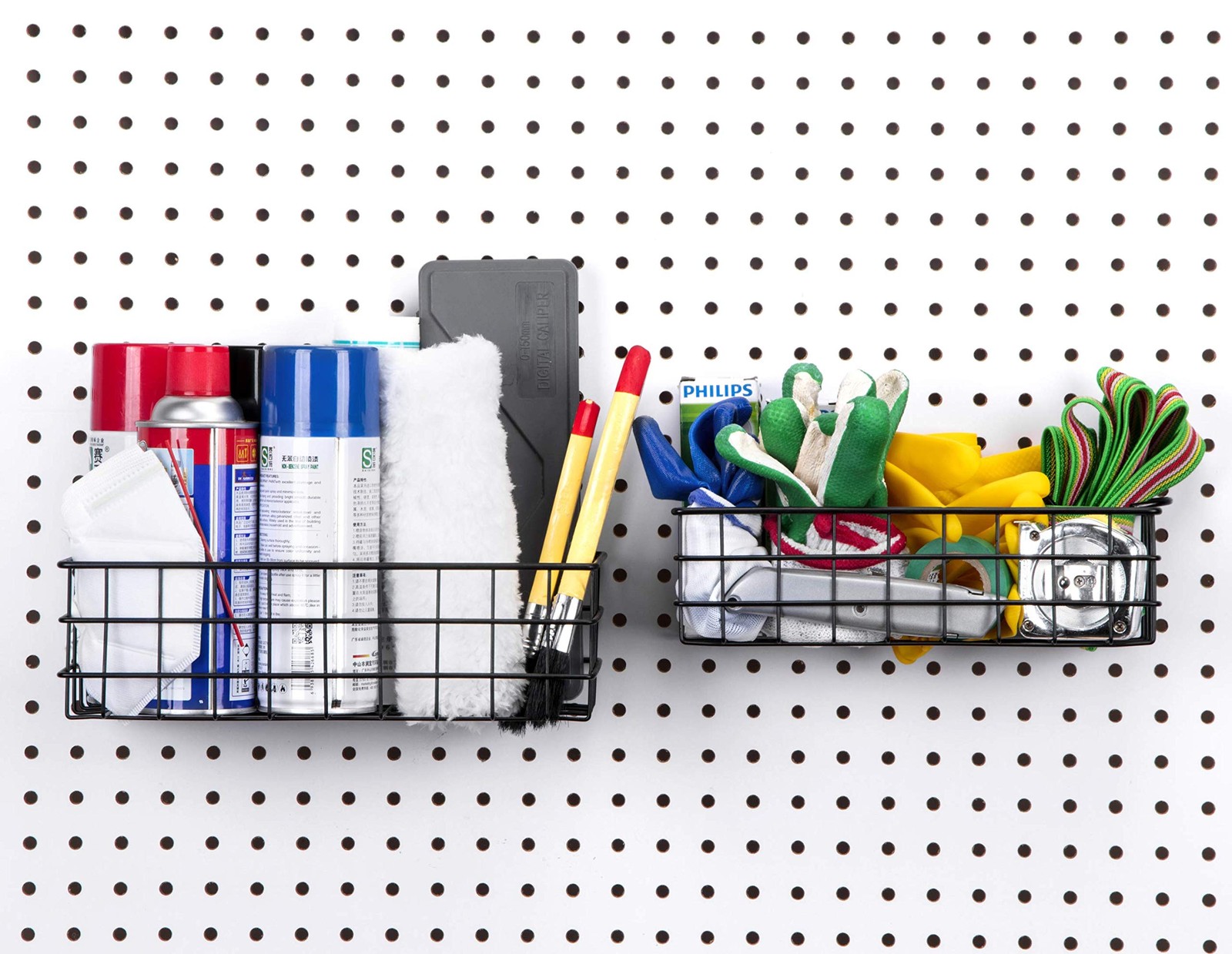2 PCS Black Pegboard Baskets Medium Small Metal Wire Wall Mount Tool Garage