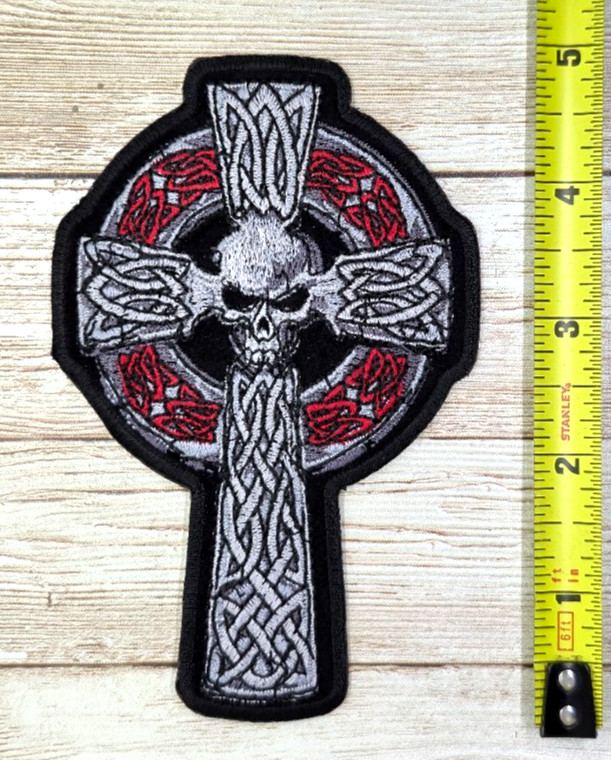 Celtic Cross With Skull Iron-On Embroidered Patch 3 1/4" x 5"