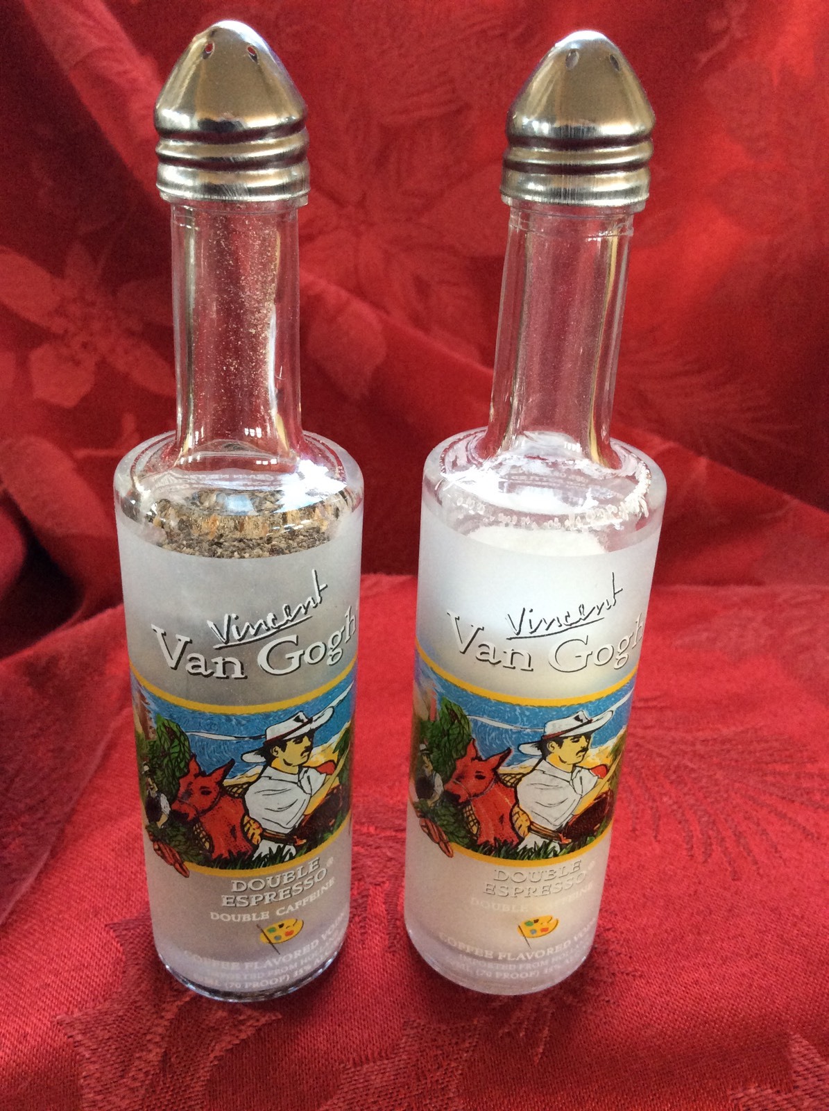 2 VINCENT VAN GOGH Coffee Vodka Mini Liquor 50ml Bottles UpCycled SALT PEPPER