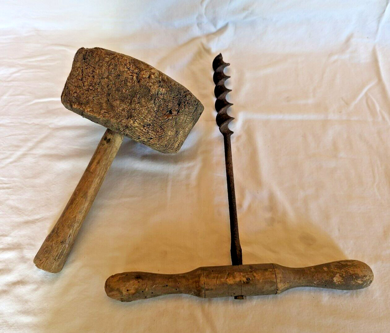 Authentic Antique Wooden Mallet And Hand Drill. Own a Piece of History