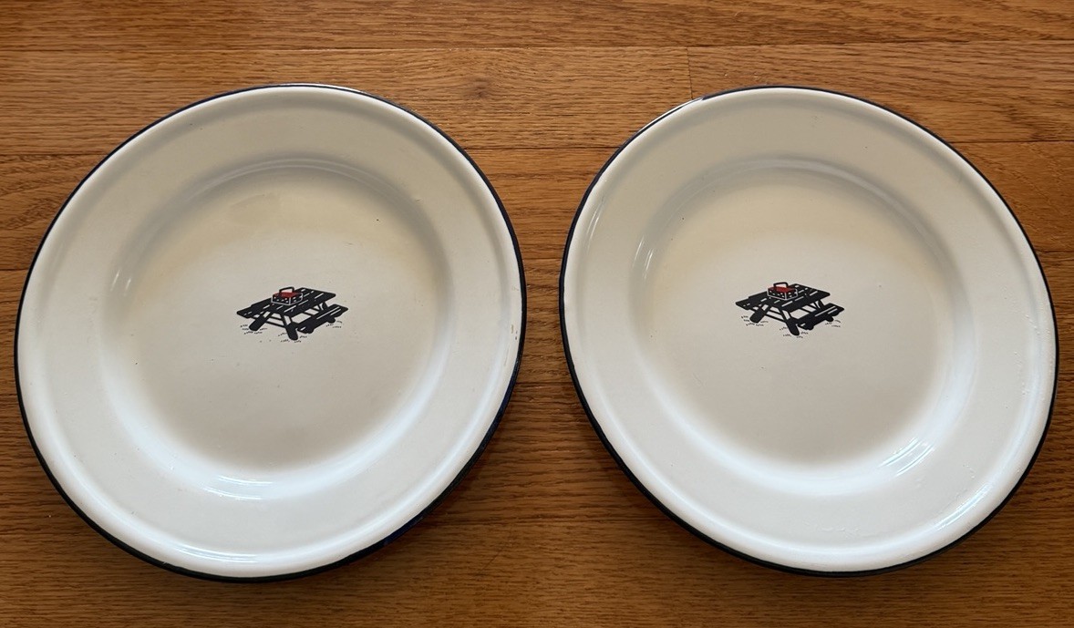 Vintage 1960s Taipro Blue Enamelware Plates Set of 2 Picnic Table USA American