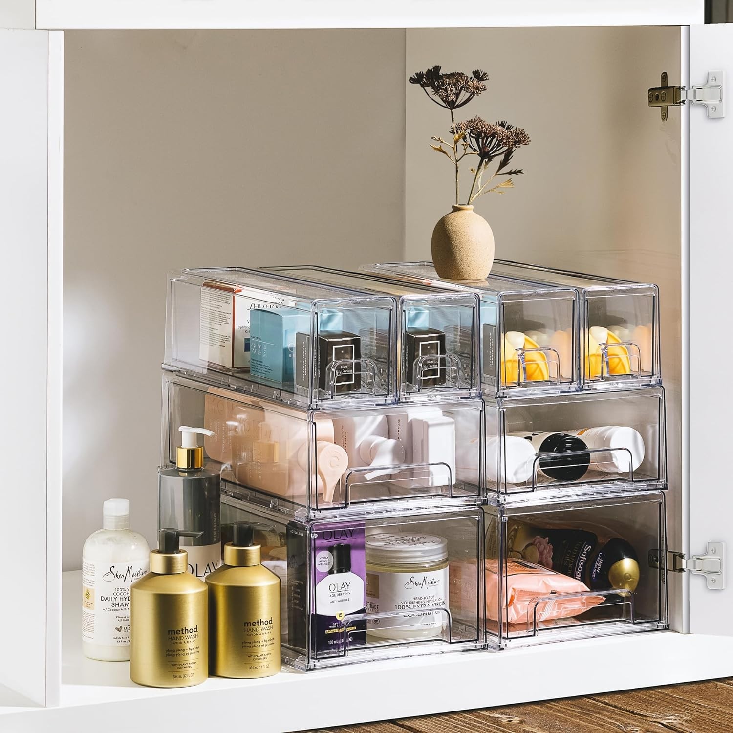 Medium Clear – 2-Pack Plastic Organizer Bins with Handles – Stackable Pull-Ou...