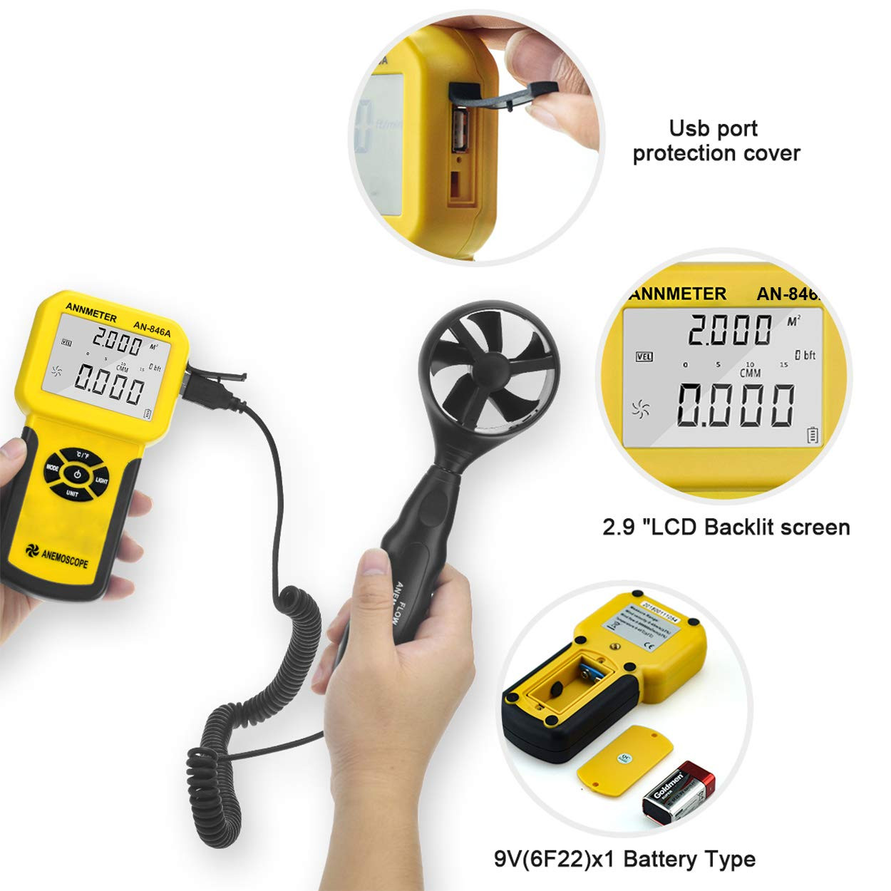 AIOMEST Precise CFM Meter Handheld HVAC Anemometer - Air Flow Tester Measure ...