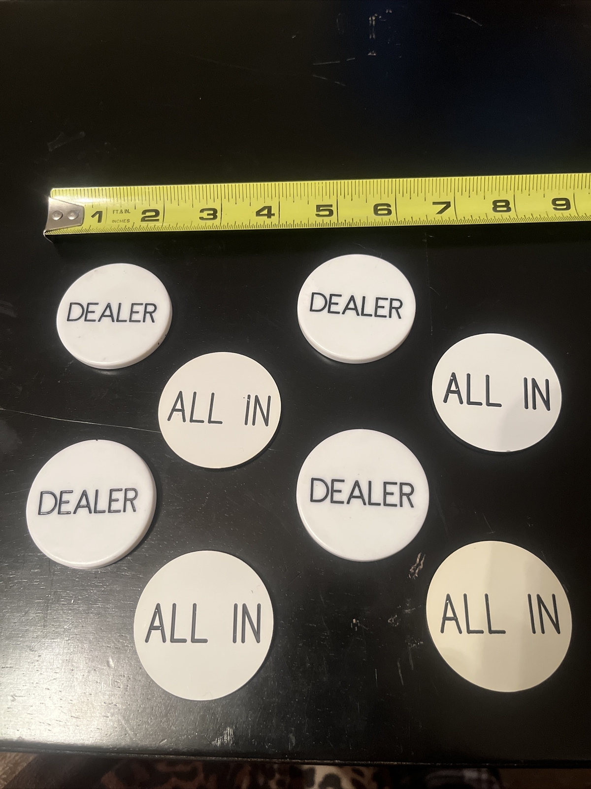 Set of Four.. 2" White Casino Texas Holdem Poker Dealer And All-In Buttons
