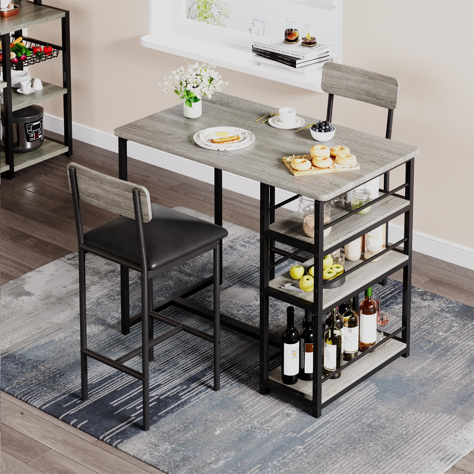 Dining Table Kitchen Table Set with 2 Upholstered Chairs 3 Large Storage Shelve
