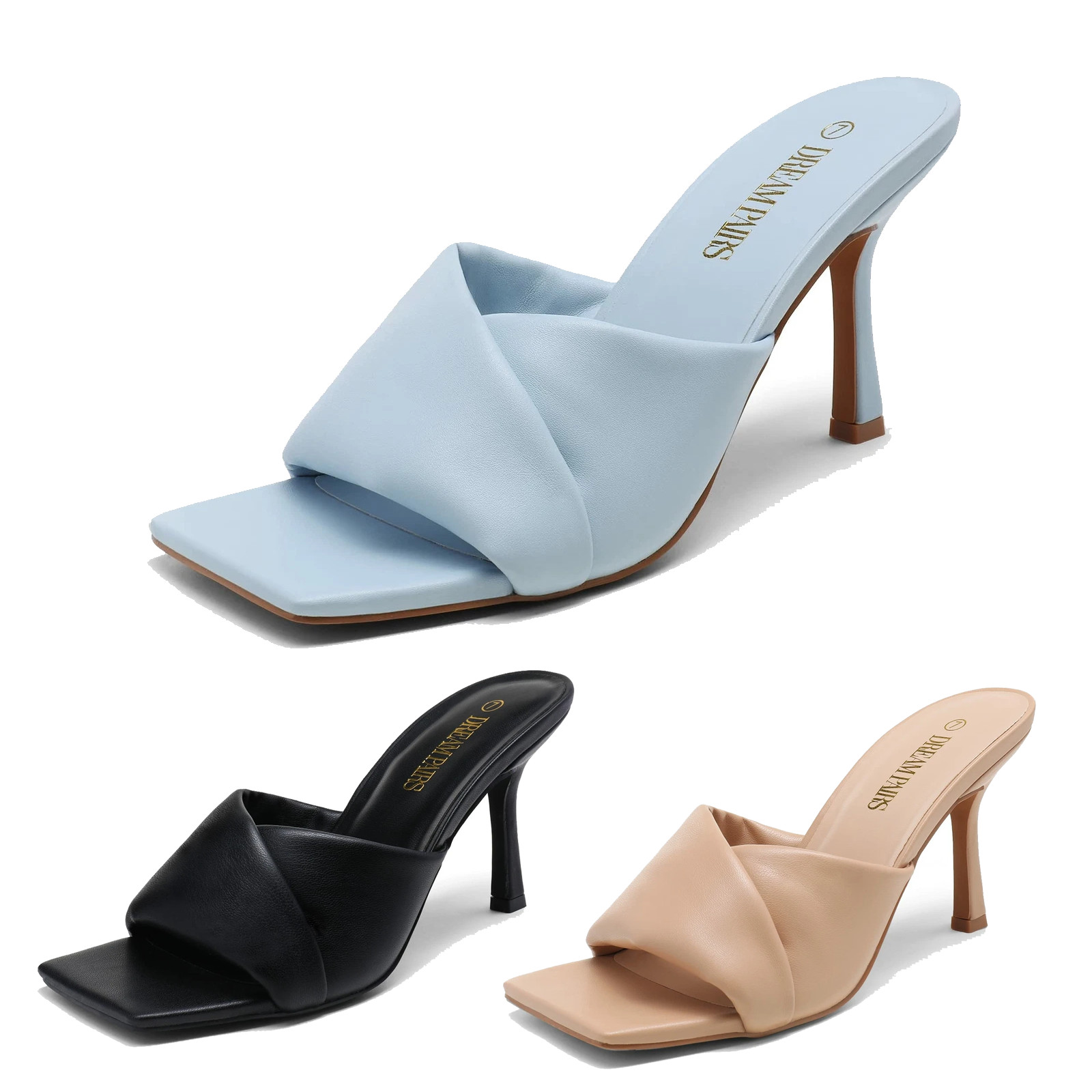 Women Stilettos Heel Sandals Square Toe Slip On Comfort Dress Slide Sandals