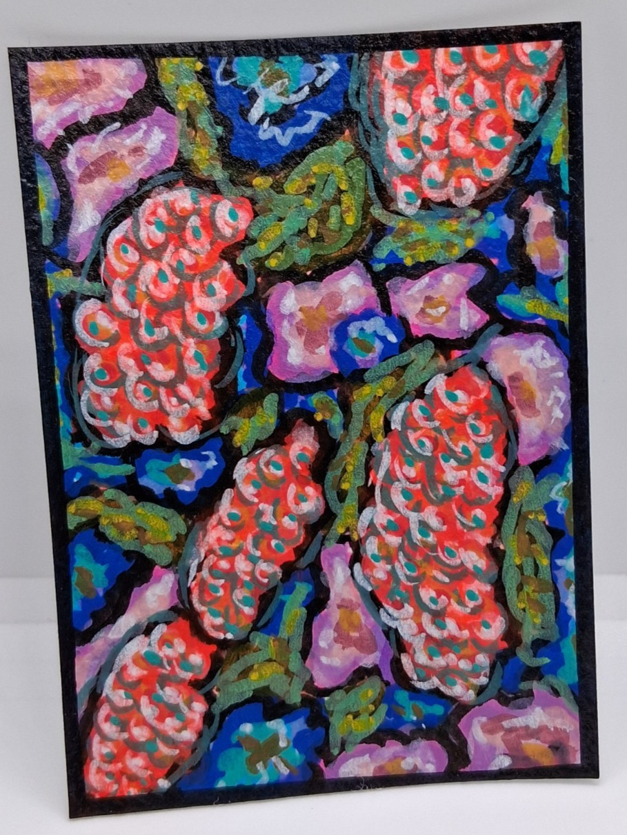 ACEO Original Art Painting Flowers Fruit Abstract 2.5x3.5in Mixed Media Acrylic