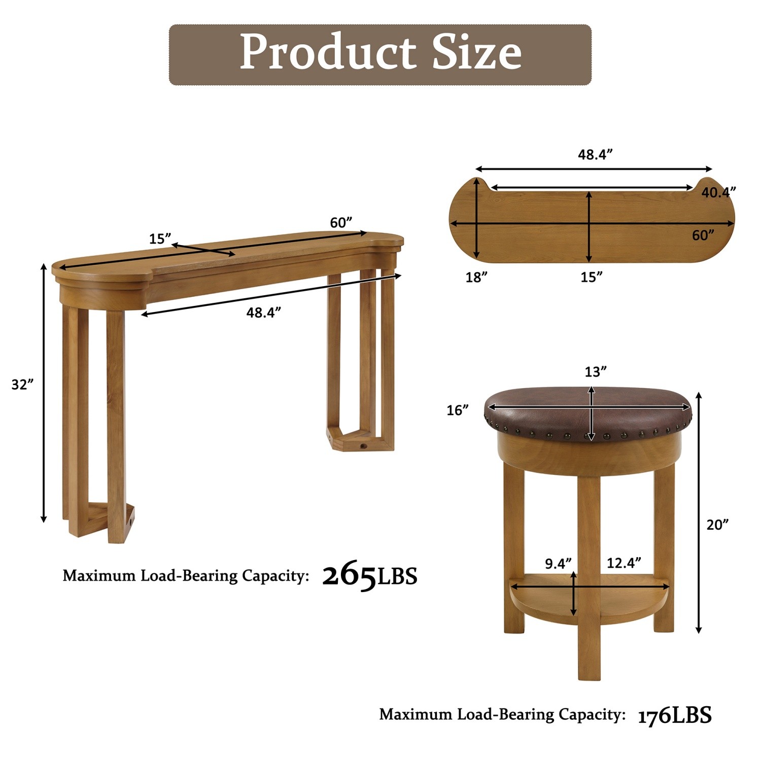 4 Piece Kitc/hen Counter Height Bar Table Set with 3 PU Padded Solid Wood Stool
