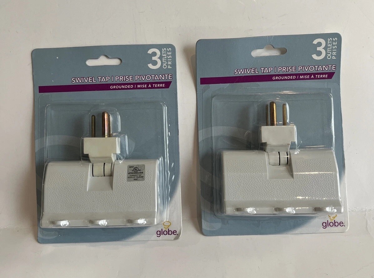 3 Outlet Lateral Swivel Grounded Wall Adapter Tap Globe Lot of 2 NIB New