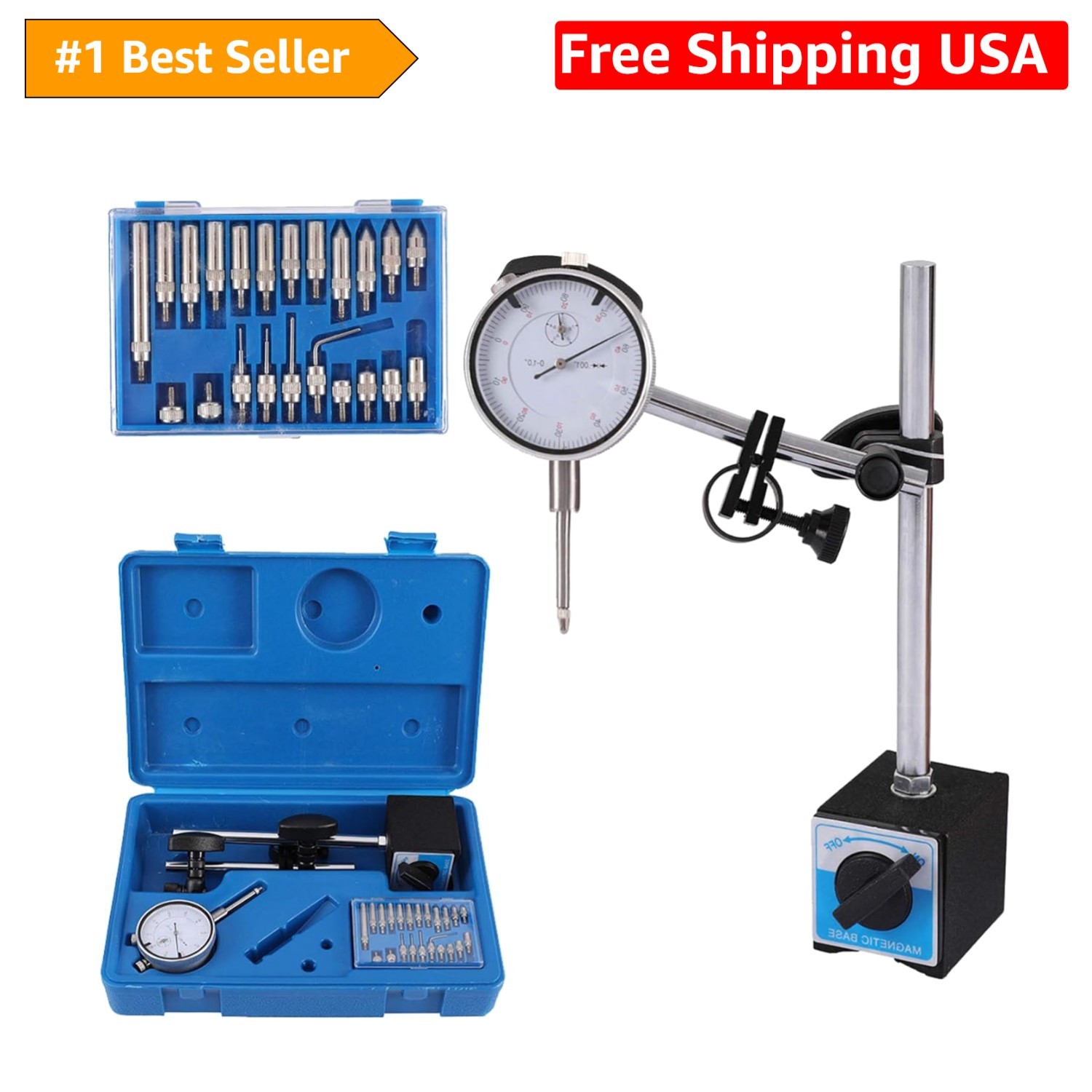 Dial Indicator with Magnetic Base Holder Fine Adjustable Long Arm 0-1" Magnet...