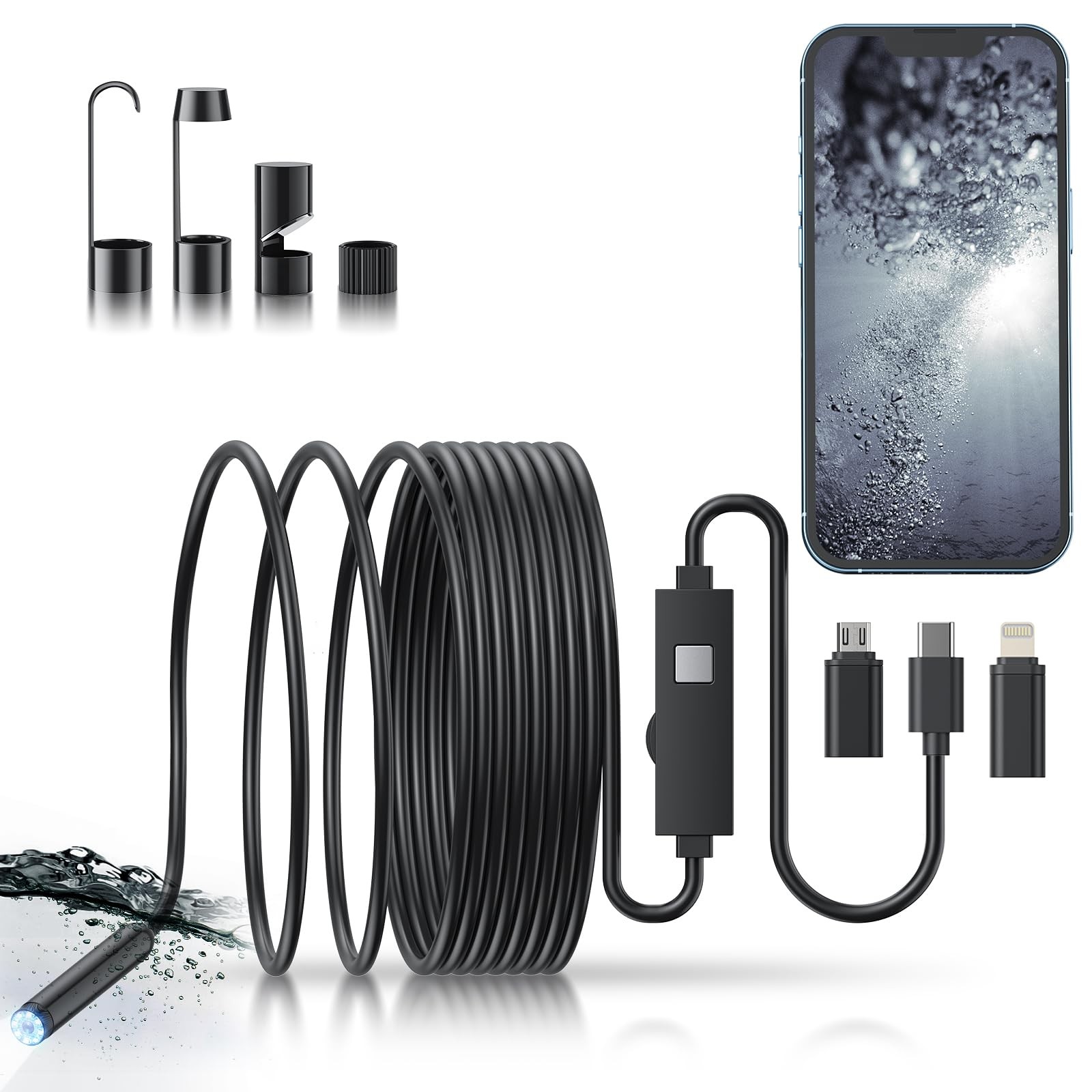 1920P HD Endoscope Camera with Light 16.4FT Waterproof Borescope
