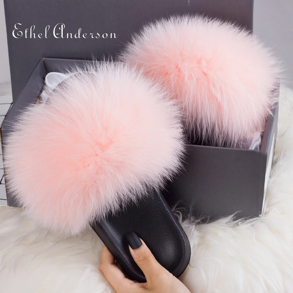 Real Fox Raccoon Fur Slippers Slides Sweet Fuzzy Color New Fluffy Shoes Plush V6