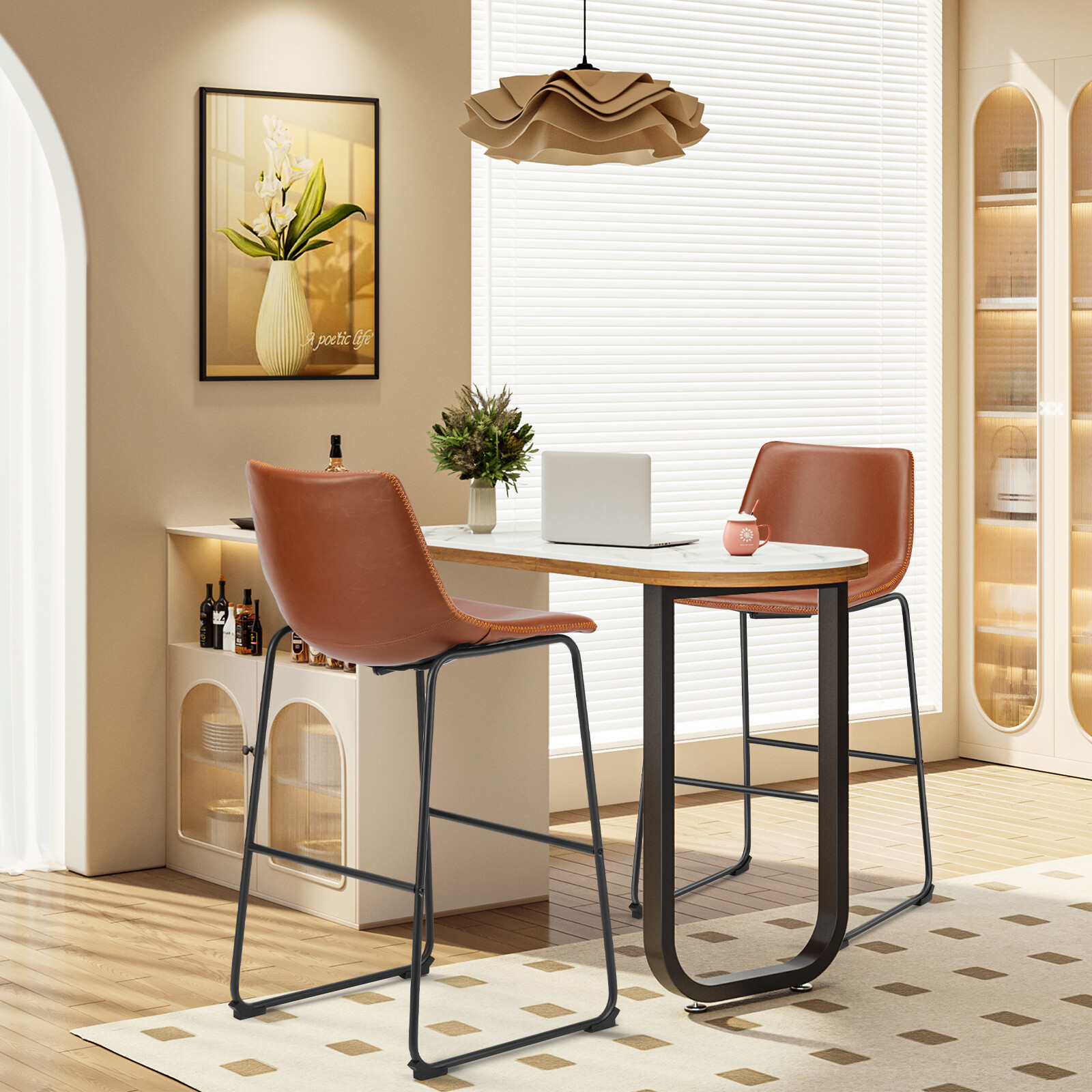 Modern Leather Bar Chairs - 2 Pack with Back and Metal Leg, Ideal for Bars