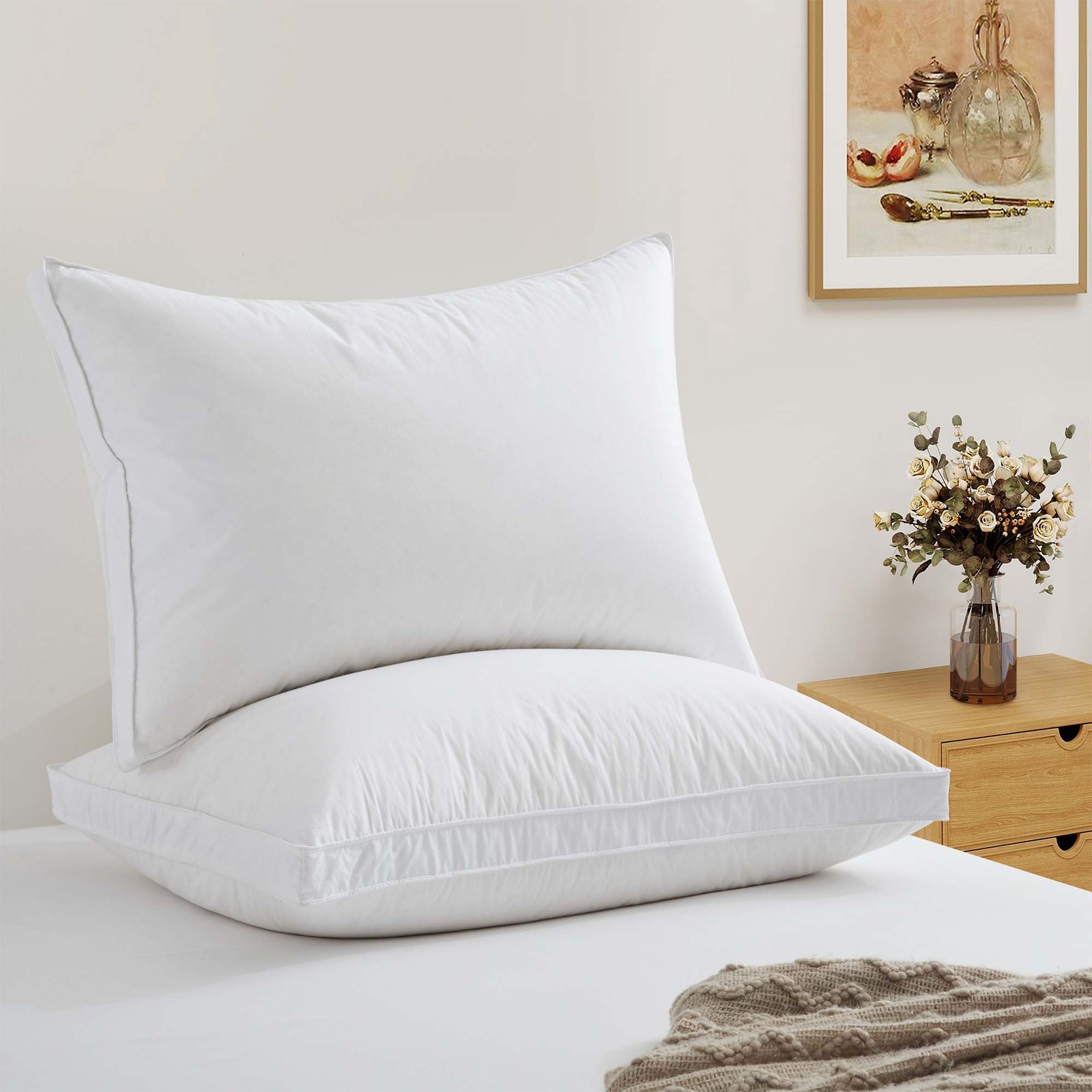 2PCS 50% White Goose Down Fill Bed Pillow, 100% Cotton Shell 300TC Down Around