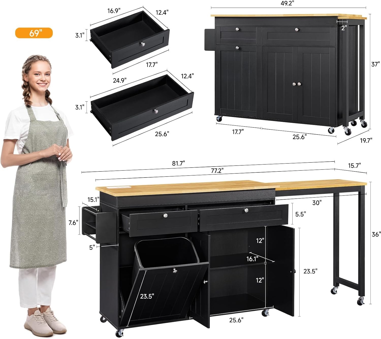 81.7" Kitchen Island with Extendable Dining Table - Mobile Cart, Black
