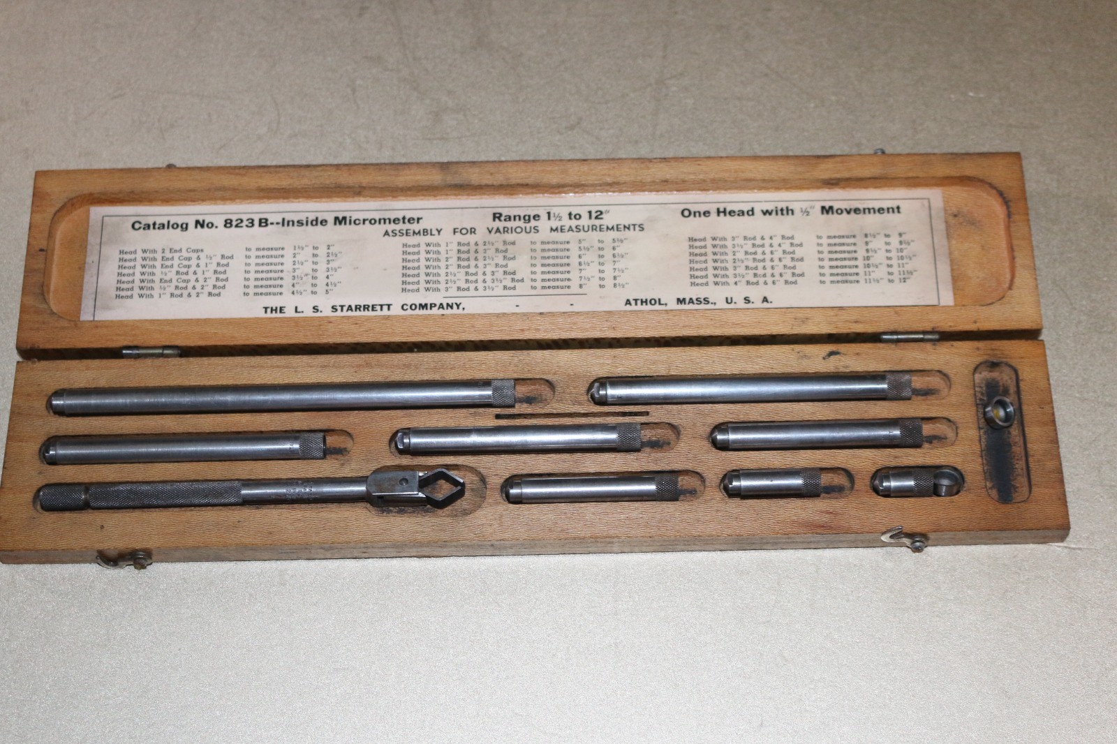 Starrett No. 823 B inside micrometer set w/ range 1-1/2" to 12" machinist tool