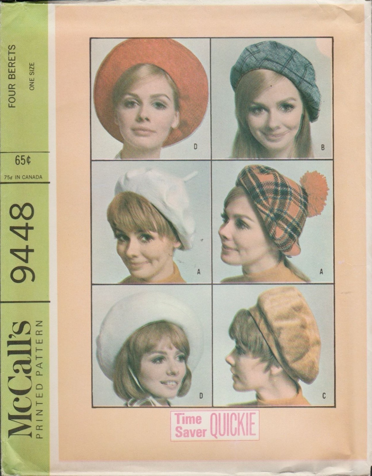 McCall's 9448 Four Womens Beret Hat Styles Vintage Mod 1960s Pattern Uncut