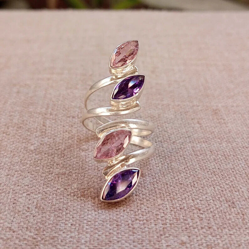Rose Quartz & Amethyst Ring Solid 925 Silver Handmade Women Ring All Size SR219