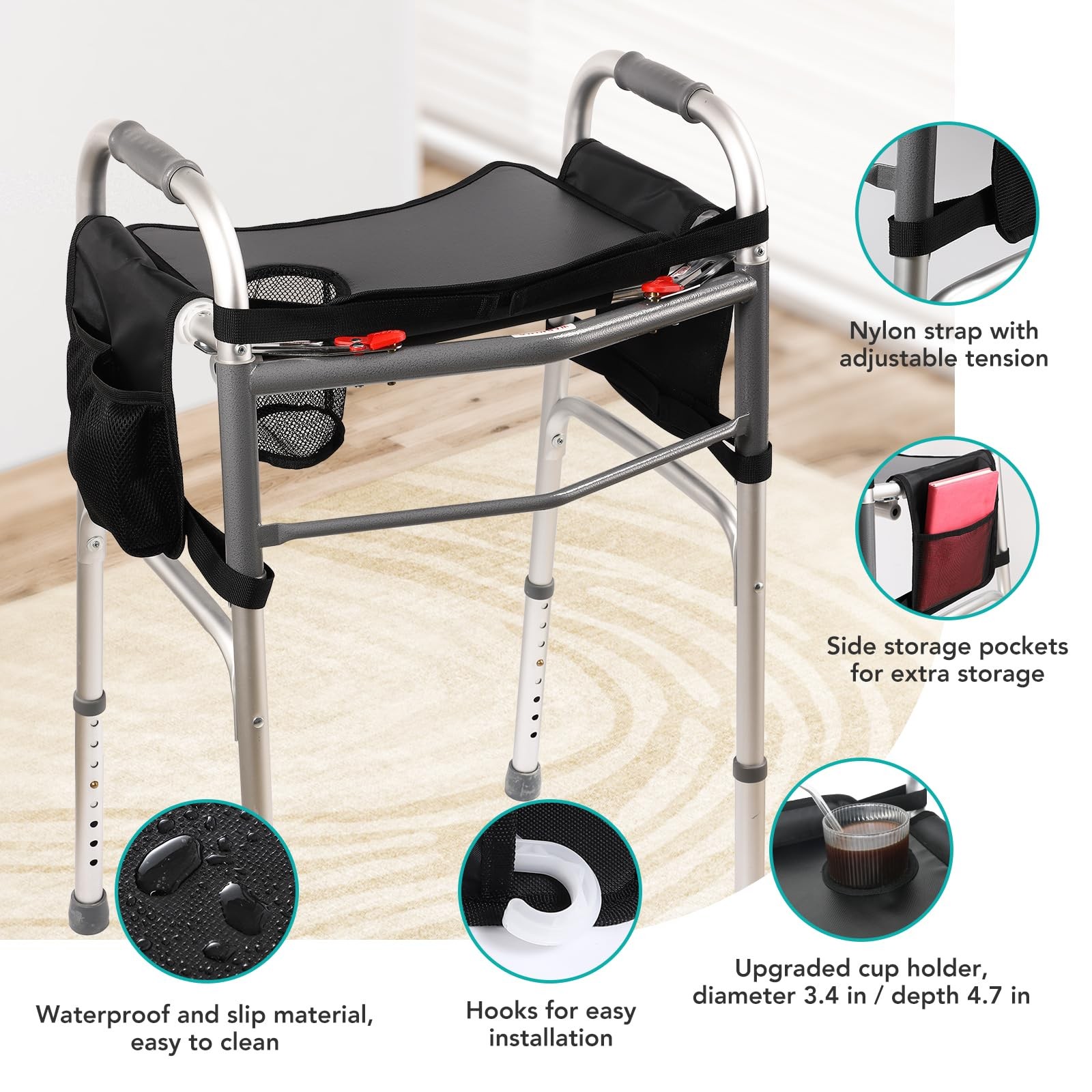 Hook-On Walker Tray, Cup Holder & Tool Free Quick Assembly, Non Slip Mobility...