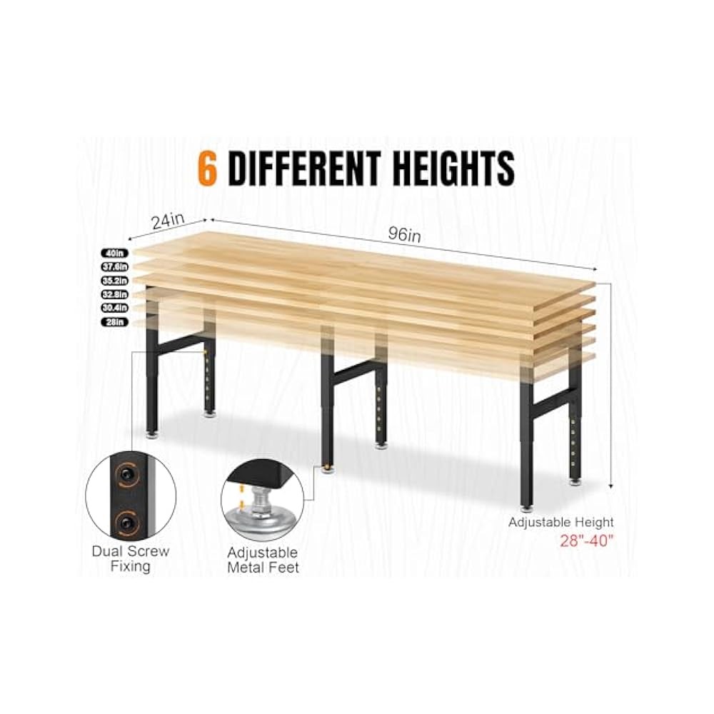5000 lb Capacity Workbench, 96" Rubber Wood, Perfect for Home & Garage