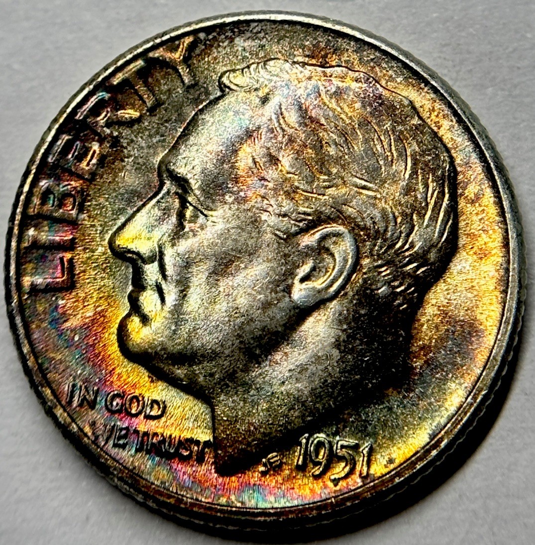 1951 Roosevelt Dime Full Bands. 10C Rainbow Album Toned Coin