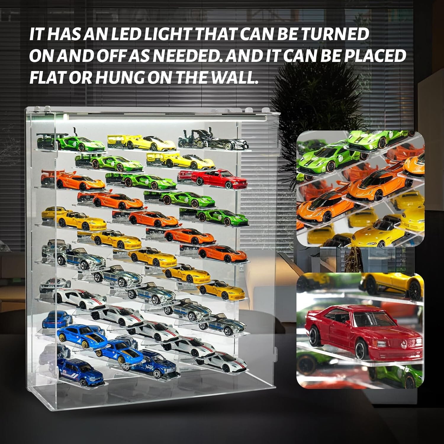 Car Display Case 33 Pc Acrylic LED Light Mirrored Wheels Model 1/64 Diecast Rack