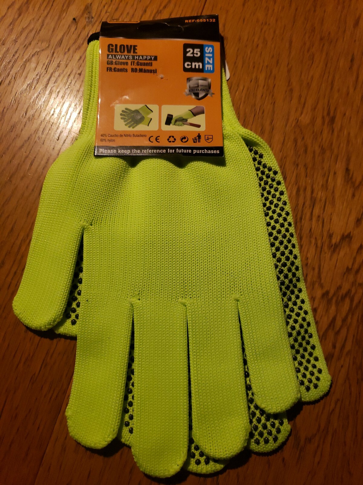 (1) Pair Of Large “Always Happy” Work Gloves Grippy Palms Neon Yellow