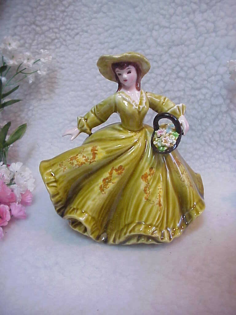 Lady Planter In Pea Green Long Dress & Hat -Carrying A Basket of Flowers 4226A