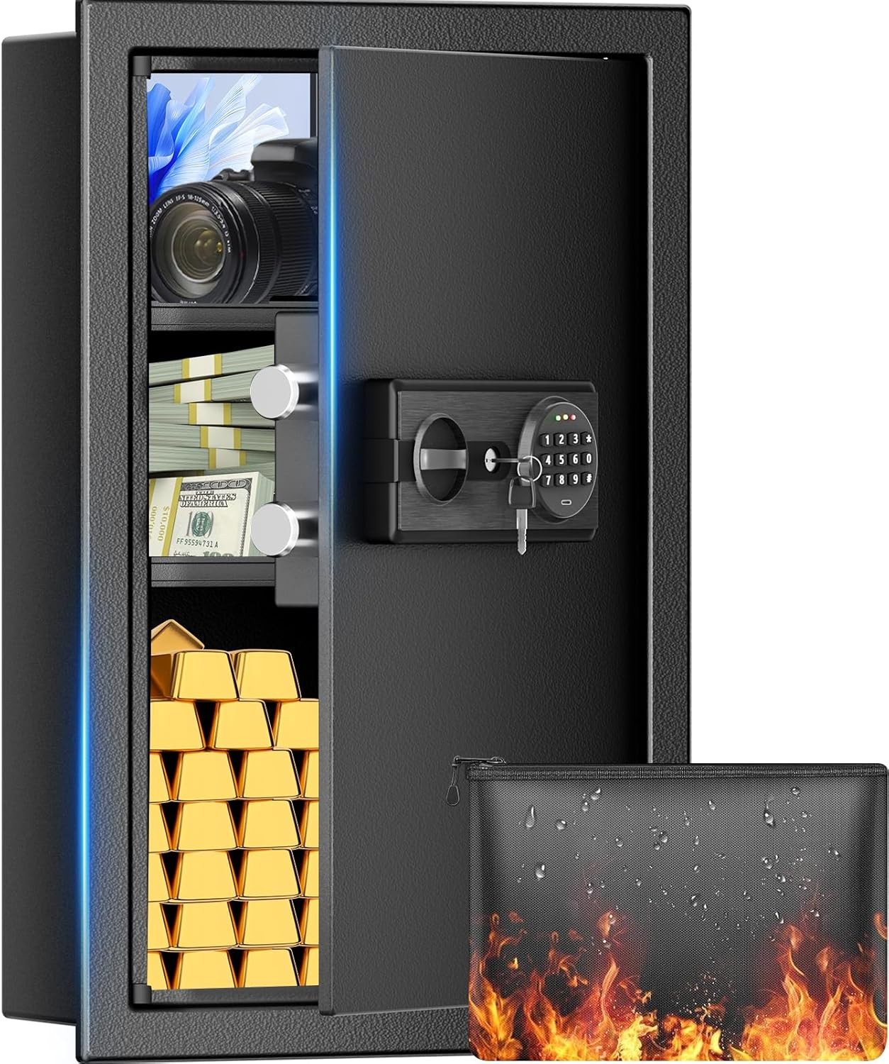 Pelinix Fireproof Wall Safe Between Studs Heavy Duty Digital Keypad 2-Shelf