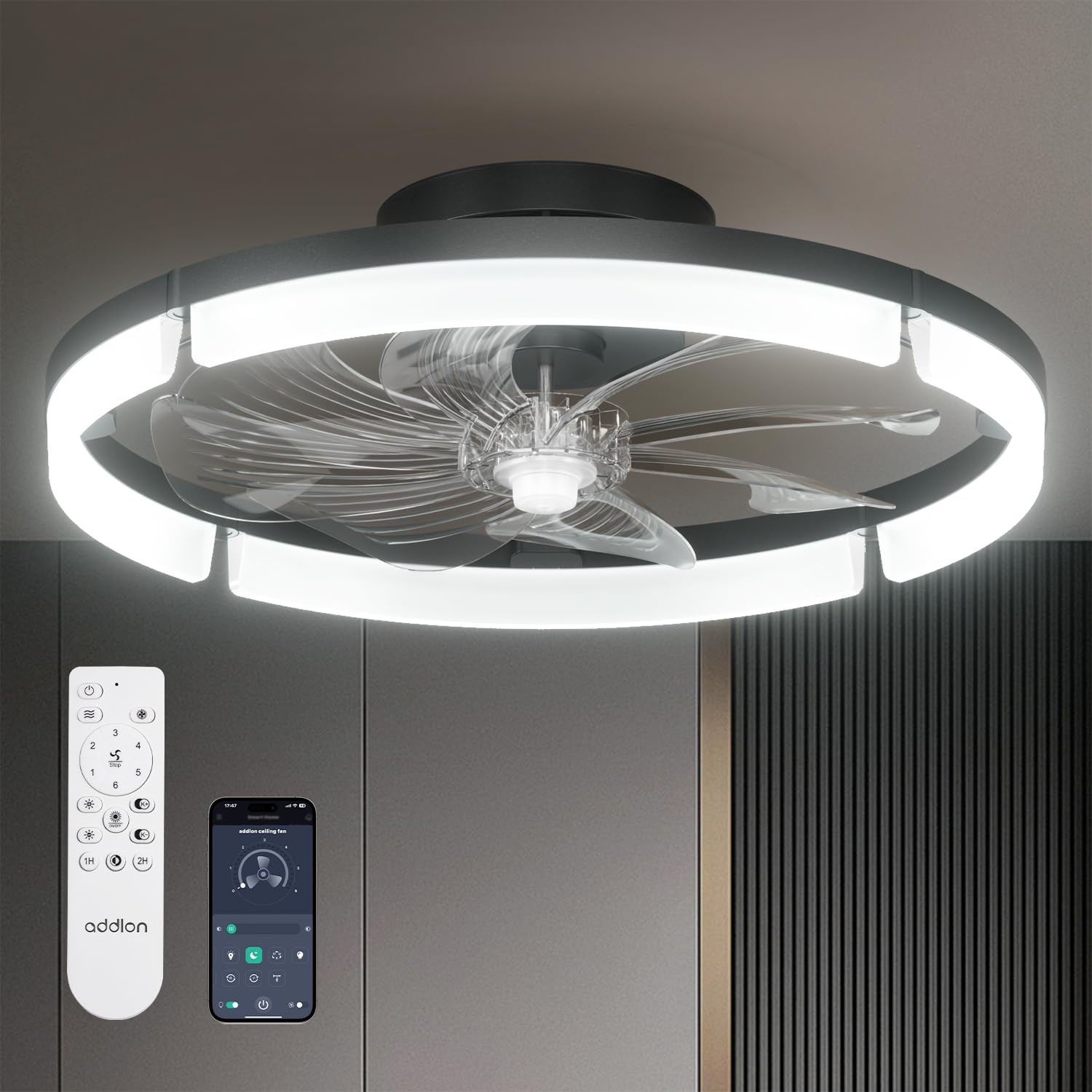 addlon 20 Inch Ceiling Fan LED Light Remote 3000-6000K Dimmable Flush Mount