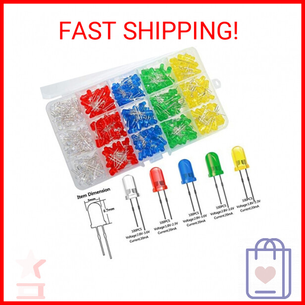 500 Pcs 5mm LED Light Emitting Diode Assortment Kit,Low Voltage Diffused Diode f
