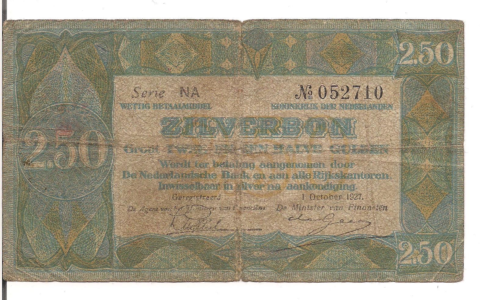 NETHERLANDS,2 1/2 GULDEN, ZILVERBON, 1927