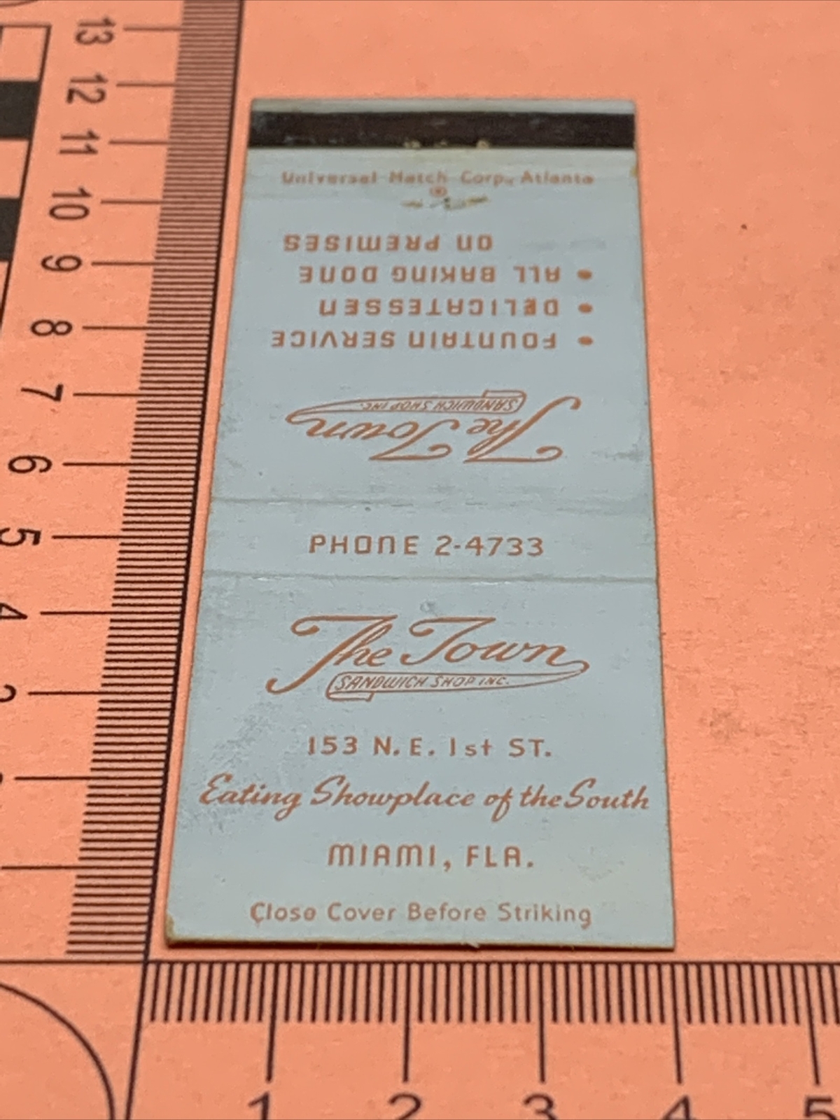 Front Strike Matchbook Cover  The Town Sandwich Shop  Miami, Fla  gmg unstruck