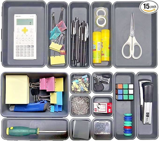 15PCS Interlocking Desk Drawer Organizer Tray Set Black Kitchen Bath New