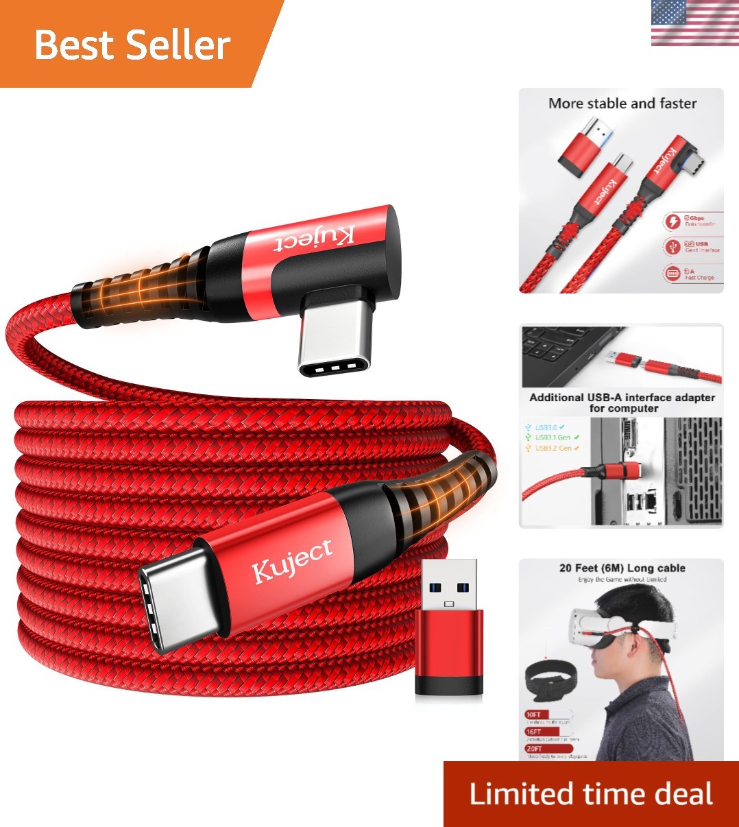 Red 20FT Data Transfer Link Cable for VR Gaming - Compatible with Quest Series