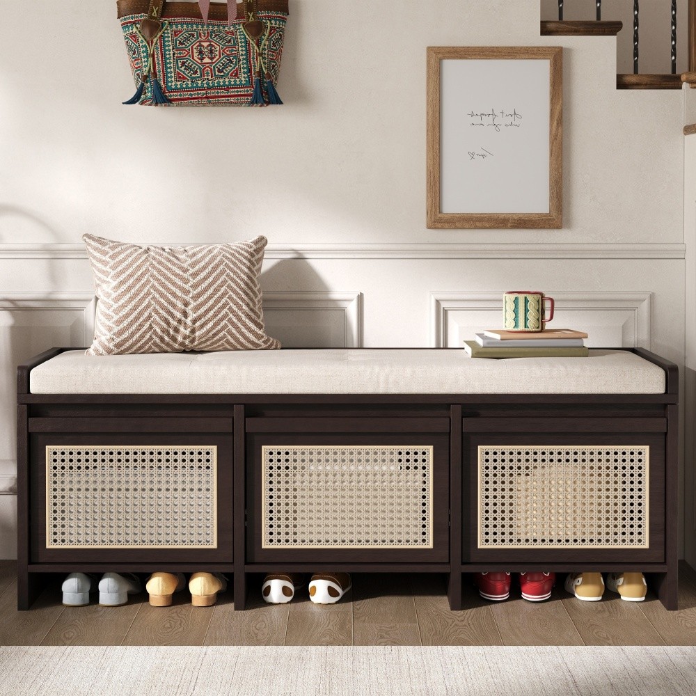 Entryway Shoe Bench, Retro Storage Bench with Rattan Drawers & Removable Button